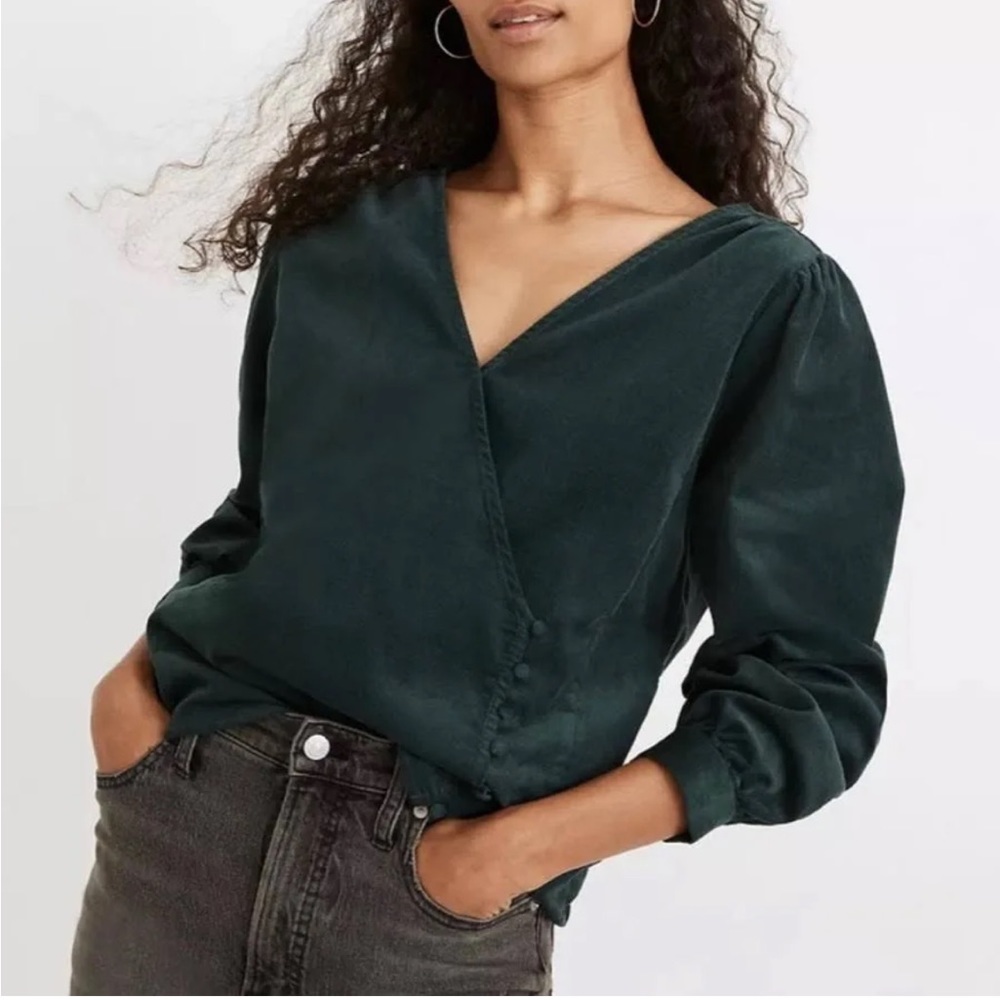 Madewell Forest Deep Green Kinston Corduroy Side Button Wrap Blouse